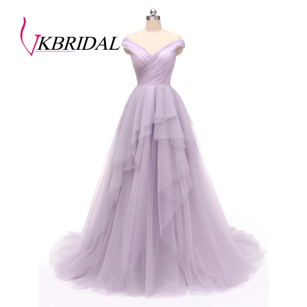 Длинное вечернее платье VKbridal серое/фиолетовое с открытыми плечами 2019 | Свадьбы и
