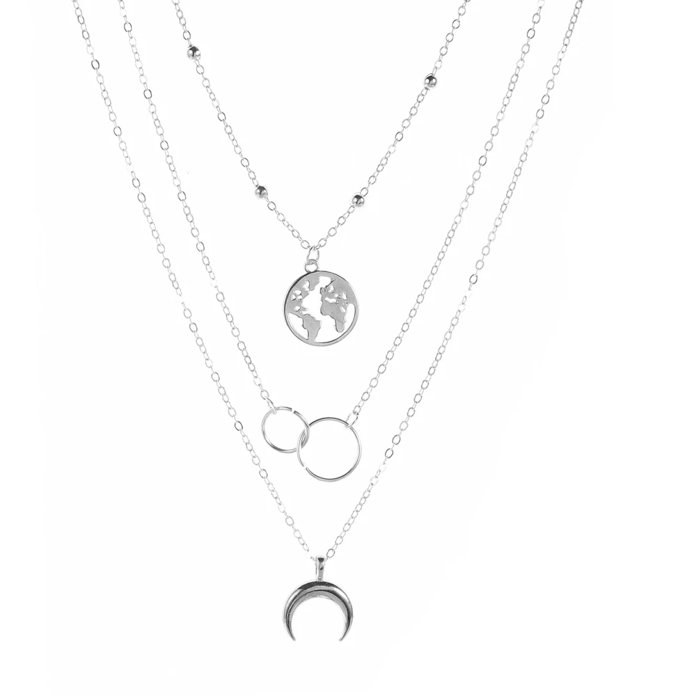 New Fashion Retro Moon World Map Circle Pendant Multilayer Gold Colodr Necklace Party Charm Jewelry Accessories For Women