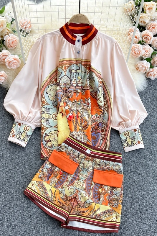 Retro Printed Suit Lantern Sleeve Loose Large Size Shirt Top Contrast Color High Waist Pocket Shorts Two-piece Set
Retro Printed Suit Lantern Sleeve Loose Large Size Shirt Top Contrast Color High Waist Pocket Shorts Two-piece Set