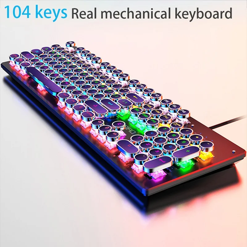 

Механическая клавиатура в стиле ретро панк, синяя, черная клавиатура с 104 клавишами, USB, проводная игровая клавиатура с RGB-подсветкой для ПК, н...