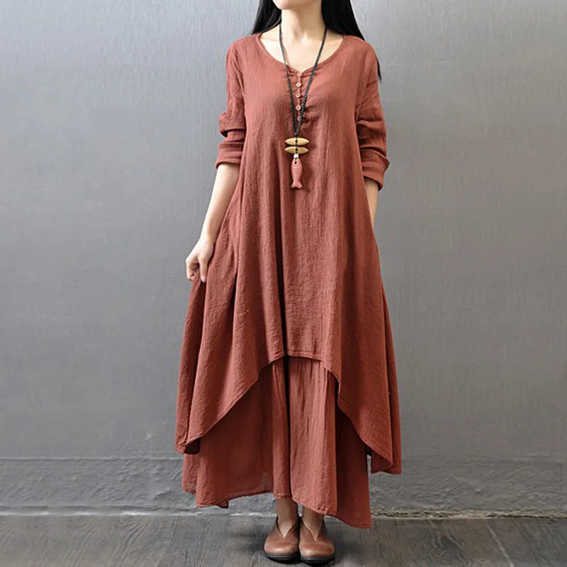 Women Dress Solid Color Long Sleeve Fake 2-pieces Loose Long Maxi Dress with Big Hem
Women Dress Solid Color Long Sleeve Fake 2-pieces Loose Long Maxi Dress with Big Hem