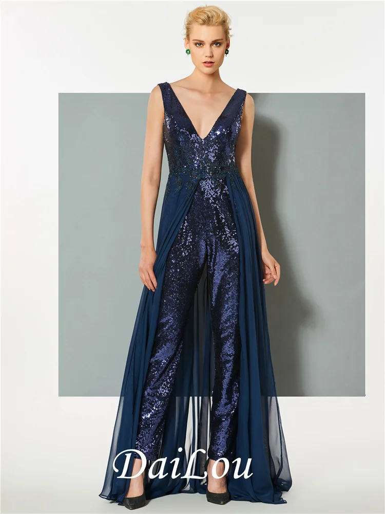 A-Line Sleeveless V-Neck Floor-Length Low Back Sequins Evening Jumpsuits with 30D Chiffon 2021
A-Line Sleeveless V-Neck Floor-Length Low Back Sequins Evening Jumpsuits with 30D Chiffon 2021