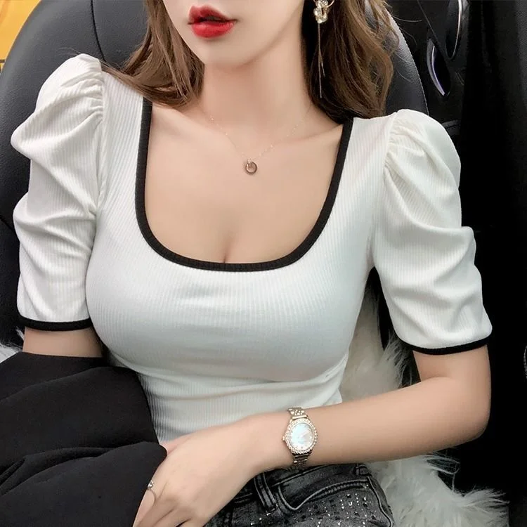 Woman TShirts Color Matching Knitted T-shirt Short Sleeve Summer Square Collar Short Top Crop Top Mujer Camisetas
Woman TShirts Color Matching Knitted T-shirt Short Sleeve Summer Square Collar Short Top Crop Top Mujer Camisetas