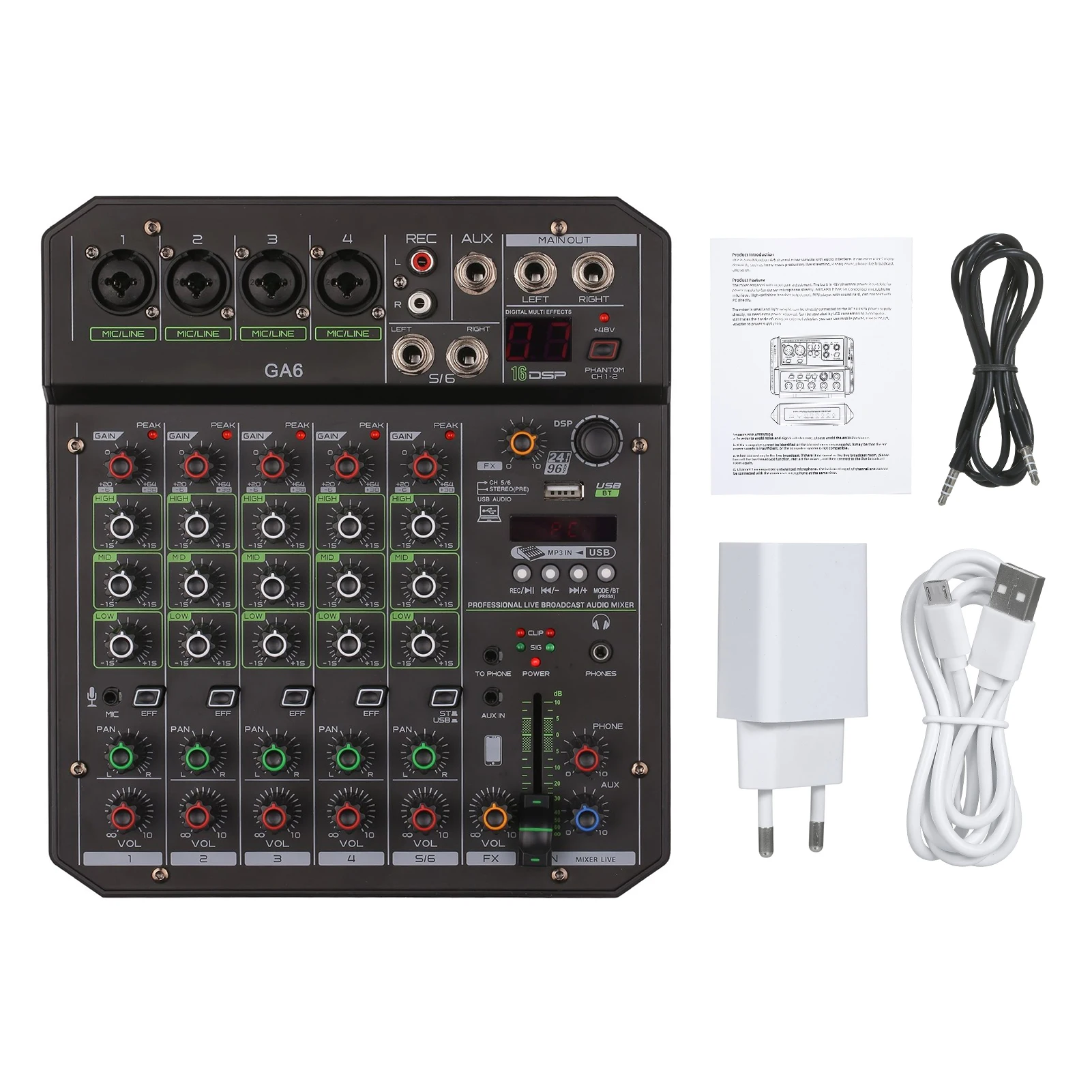 Mini Audio Mixer Multi-function Effects Mixing Console USB BT Connection 48V Phantom Power for Recording Karaoke Live Broadcast
Mini Audio Mixer Multi-function Effects Mixing Console USB BT Connection 48V Phantom Power for Recording Karaoke Live Broadcast