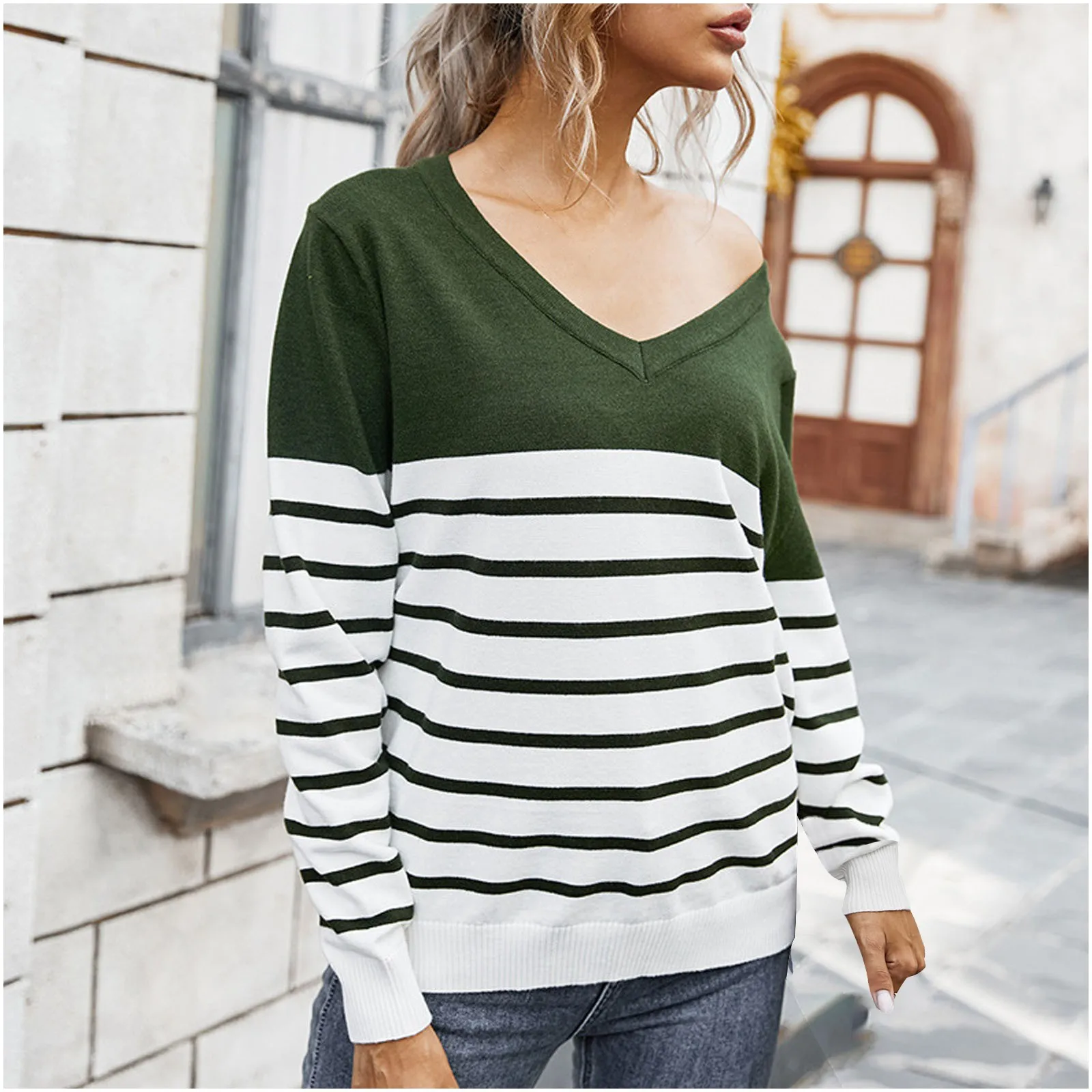 Women’s Sweater Casual Streetwear Long Sleeve Stripe Print Color Block Loose Pullover Tops Knitted Jumper jersey mujer | Женская