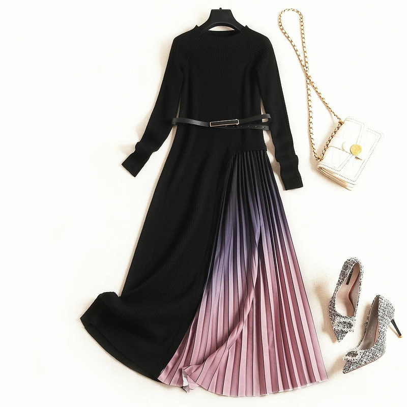 Женское плиссированное платье-макси из шифона с длинным рукавом и градиентом 
Женское плиссированное платье-макси из шифона с длинным рукавом и градиентом