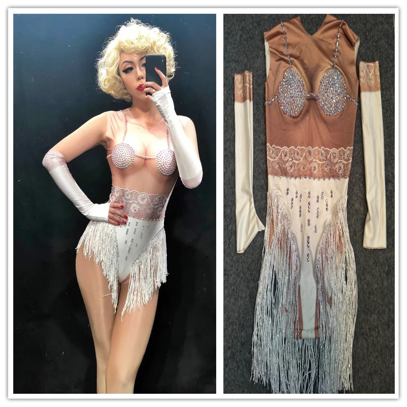 New Sexy Women's Leotard Fringed Nude Spandex Leotard Rhinestones Costume Staging Dancewear Singer Jumpsuit Pole Dance
New Sexy Women's Leotard Fringed Nude Spandex Leotard Rhinestones Costume Staging Dancewear Singer Jumpsuit Pole Dance