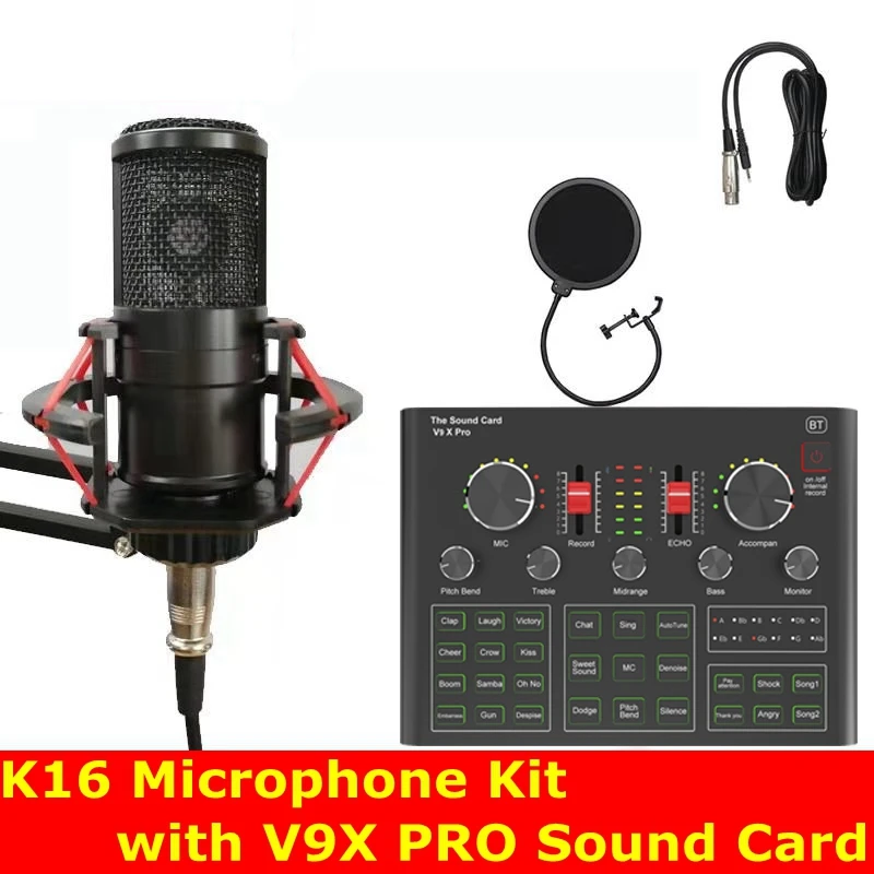 

Комплект конденсаторного микрофона K16 с звуковой картой V9X PRO, DSP-микрофон с шумоподавлением для ПК, игр, караоке, студии, живых трансляций, DJ-с...