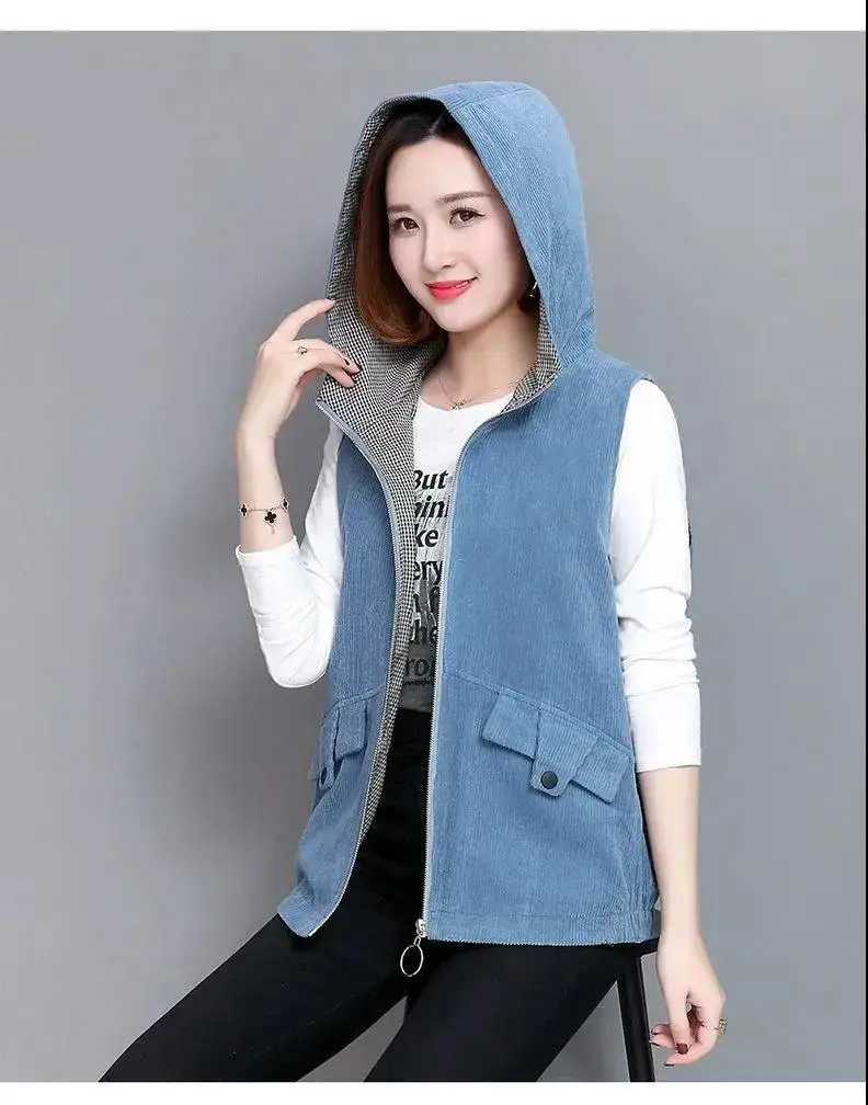 Spring Fall 2021 Waistcoat Retro Loose Casual Color Matching Hooded Big Pocket Corduroy Vest Jacket Women Sleeveless Coat 
Spring Fall 2021 Waistcoat Retro Loose Casual Color Matching Hooded Big Pocket Corduroy Vest Jacket Women Sleeveless Coat