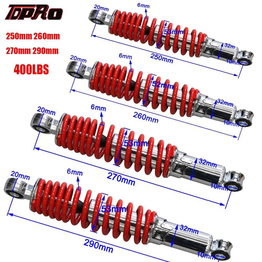 400LBS Front Suspension Shock Absorber For 25/26/27/29cm Motorcycle 50 70 90 110 125cc Dirt Pit Bike ATV Go kart not hydraulic
400LBS Front Suspension Shock Absorber For 25/26/27/29cm Motorcycle 50 70 90 110 125cc Dirt Pit Bike ATV Go kart not hydraulic