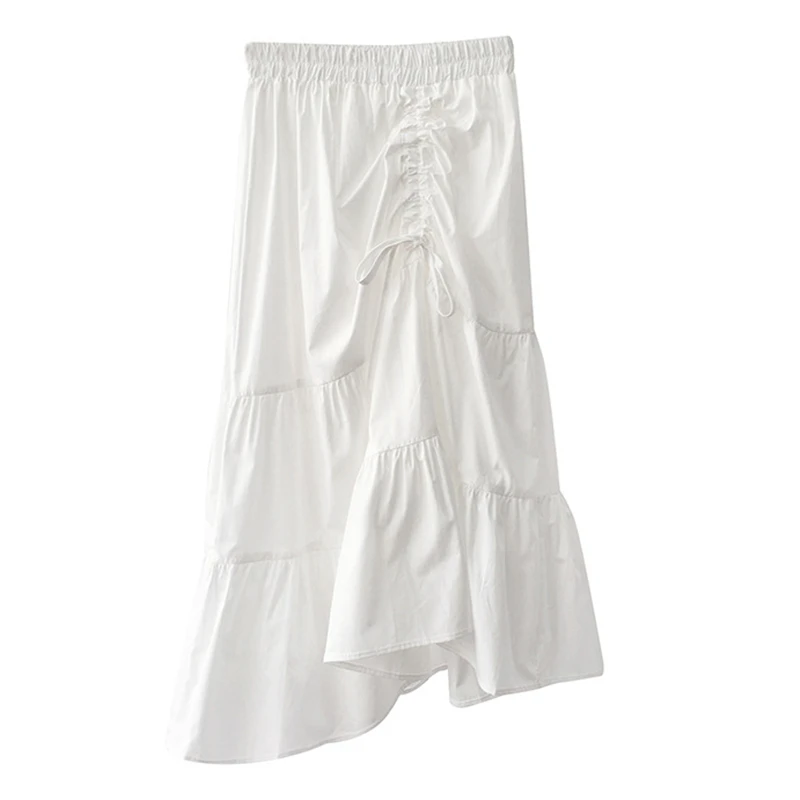 

TFETTERS White Design Sense Drawstring Pleated Skirt Irregular Skirt Solid Slim High Waist Splicing Fairy Skirt Women Clothing