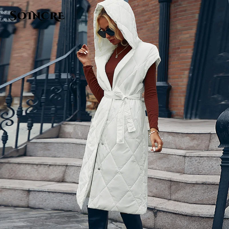 Fashion Solid Argyle Hooded Long Qulited Parkas Vest with Belt Women White Sleeveless Elegant Long Padded Jacket Coats Elegant
Fashion Solid Argyle Hooded Long Qulited Parkas Vest with Belt Women White Sleeveless Elegant Long Padded Jacket Coats Elegant