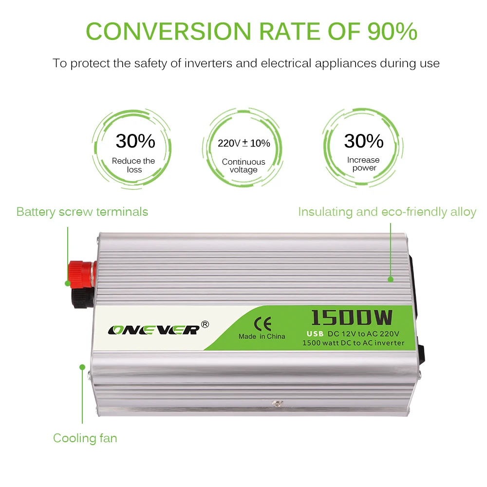 Onever DC 12V To AC 220V 1500W Power Converter Inverter With LED Indicator Light Cigarette Lighter Outlet Buzzer Alarm
Onever DC 12V To AC 220V 1500W Power Converter Inverter With LED Indicator Light Cigarette Lighter Outlet Buzzer Alarm