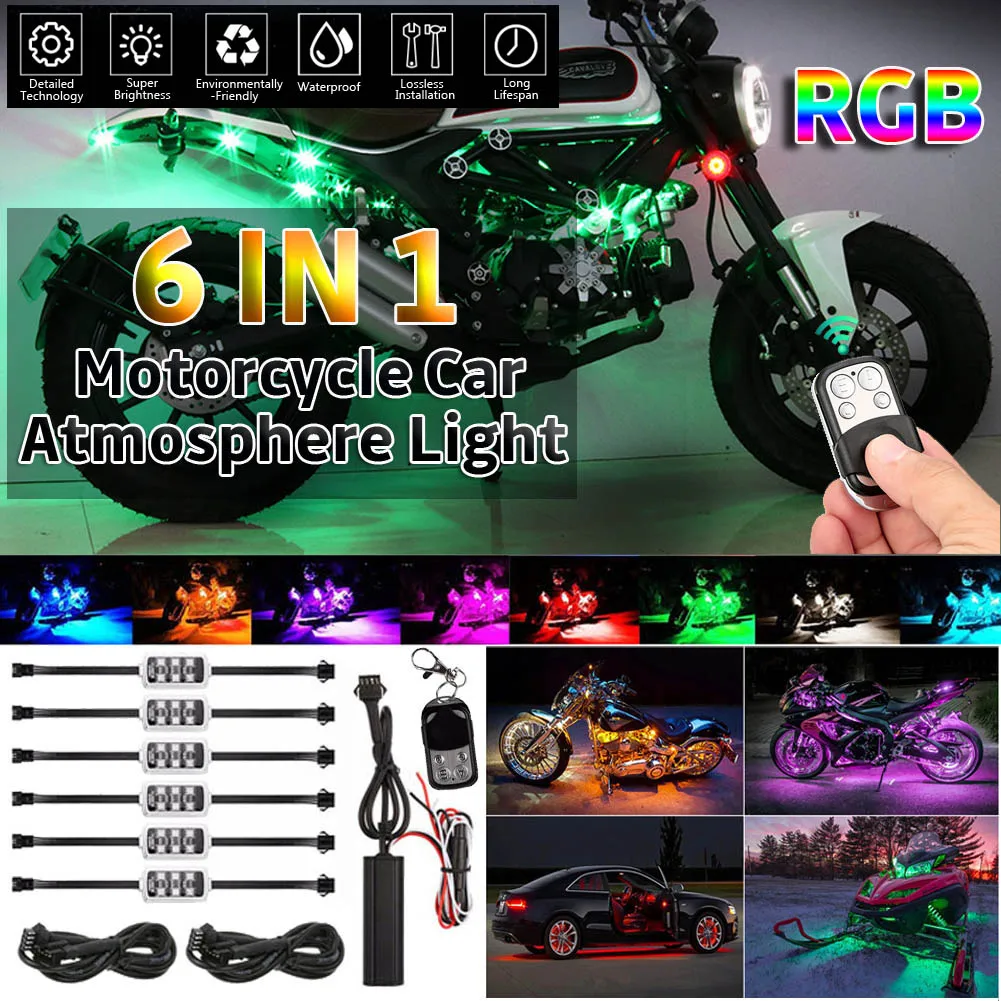 6IN1 RGB 36 LED Smart Brake Lights Motorcycle Car Atmosphere Light with Wireless Remote Control Moto Decorative Strip Lamp Kit
6IN1 RGB 36 LED Smart Brake Lights Motorcycle Car Atmosphere Light with Wireless Remote Control Moto Decorative Strip Lamp Kit