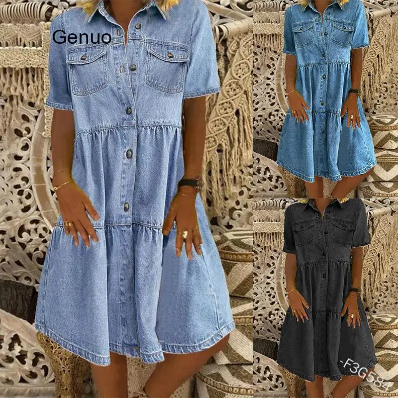 2020 Women Denim Dresses Summer Casual Vintage Single Breasted Turn-down Collar Pockets Loose Short Dress Fashion Boho Dress
2020 Women Denim Dresses Summer Casual Vintage Single Breasted Turn-down Collar Pockets Loose Short Dress Fashion Boho Dress