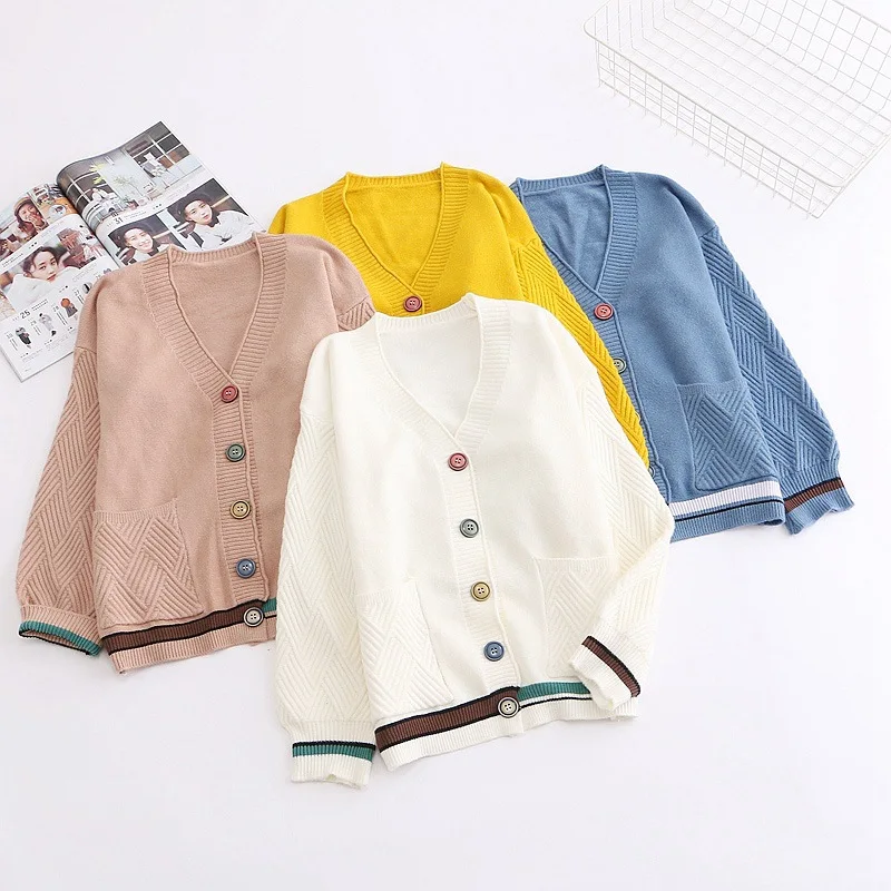 Single-breasted Cardigan Knitted Sweater Women Fashion Lazy Wind Loose Striped Pockets V-neck Long-sleeved Sweater Female Spring
Single-breasted Cardigan Knitted Sweater Women Fashion Lazy Wind Loose Striped Pockets V-neck Long-sleeved Sweater Female Spring