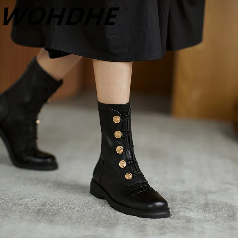 

WOHDHE Modern Boots Women Punk Mid-calf Boot Female Round Toe Flat Heel Med Shoes Zip Button PU Simple Graceful All-match Boots