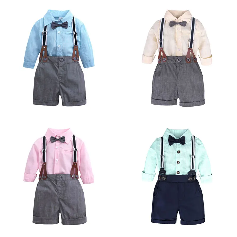 

Summer Toddler Boy Clothing Gentleman Style Baby Clothes Boys Set Cotton Long Sleeve Bow Tie Shirt Suspenders Shorts 3-24 Months