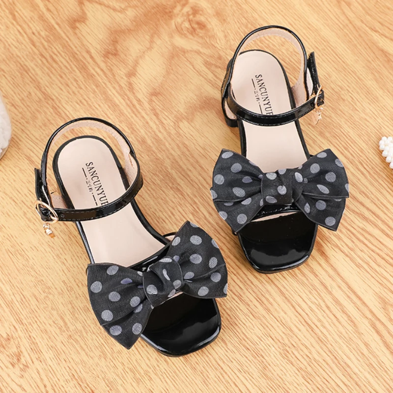 2020 summer girls sandals with straps butterfly polka dot kids bowtie chains Leather Children Princess Shoes low-heeled | Мать и ребенок