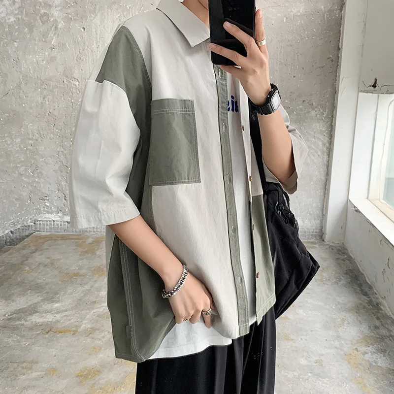 Streetwear Shirt Men's Cotton Oversize Short Sleeve Shirts Loose Summer Fashion Casual Korean Patchwork Shirt Mens Tops Clothes 
Streetwear Shirt Men's Cotton Oversize Short Sleeve Shirts Loose Summer Fashion Casual Korean Patchwork Shirt Mens Tops Clothes