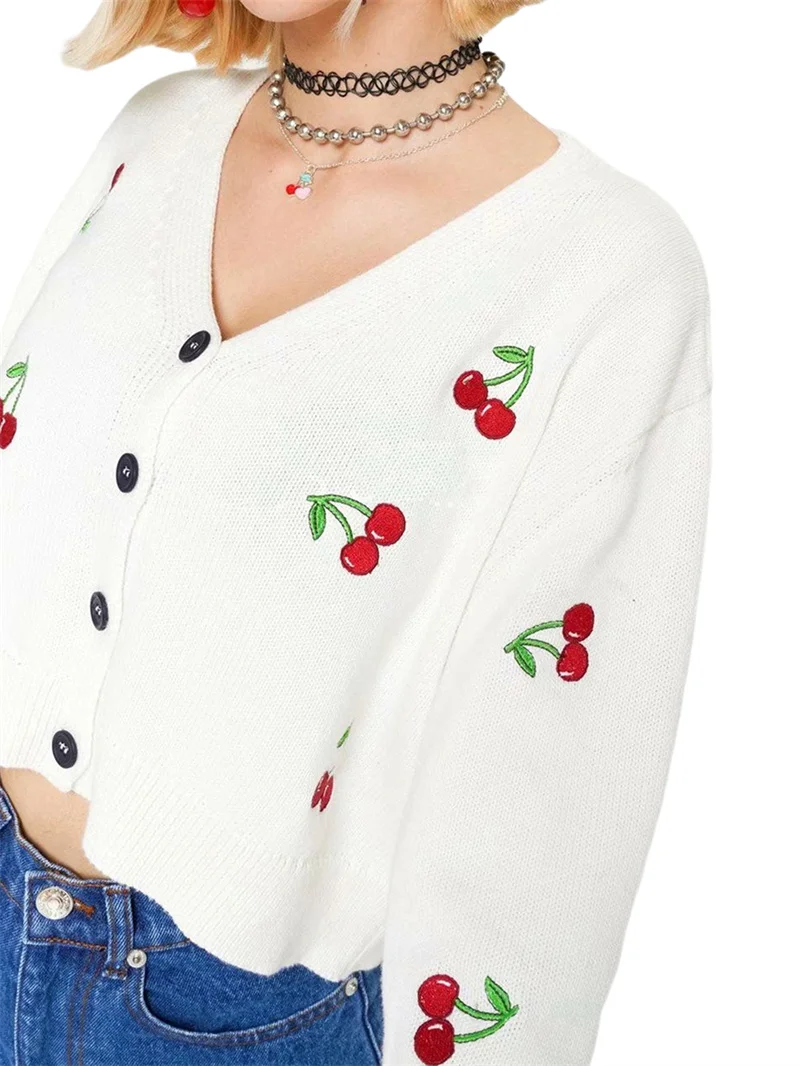 2021 New Knit Cardigan Sweaters Women Long Sleeve V Neck Casual Loose Cherry Print Crop Tops Coats Female Spring Autumn Clothes
2021 New Knit Cardigan Sweaters Women Long Sleeve V Neck Casual Loose Cherry Print Crop Tops Coats Female Spring Autumn Clothes