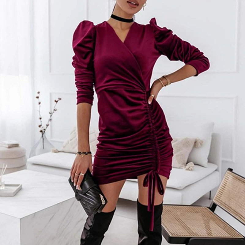 Autumn Fashion Party Dresses Women Solid Color Long Sleeve V Neck Ruched Mini Vestidos With Drawstring Sexy Ladies Bodycon Dress
Autumn Fashion Party Dresses Women Solid Color Long Sleeve V Neck Ruched Mini Vestidos With Drawstring Sexy Ladies Bodycon Dress