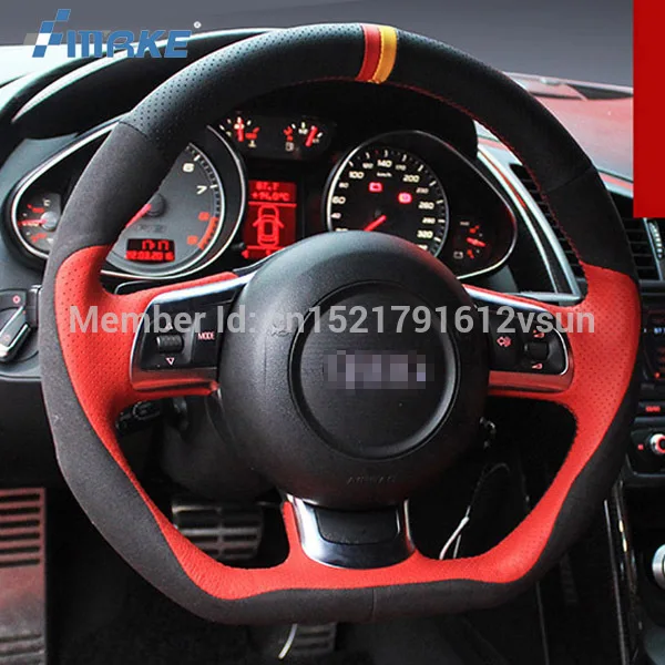 Чехол на руль для Audi R8 прошитый вручную нескользящий красный черный кожаный