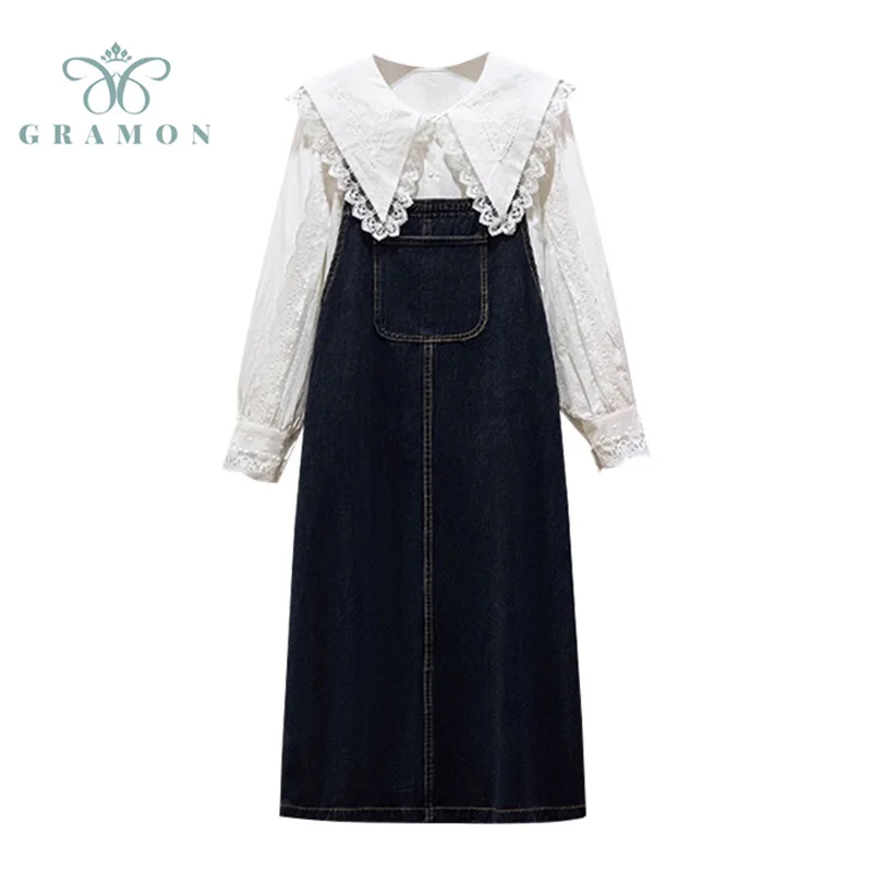 Women Sets White Shirt And Denim Suspender Dress Outfits Oversized 2021 Autumn Clothing Korean Vintage Sweet Two Piece Suits New
Women Sets White Shirt And Denim Suspender Dress Outfits Oversized 2021 Autumn Clothing Korean Vintage Sweet Two Piece Suits New