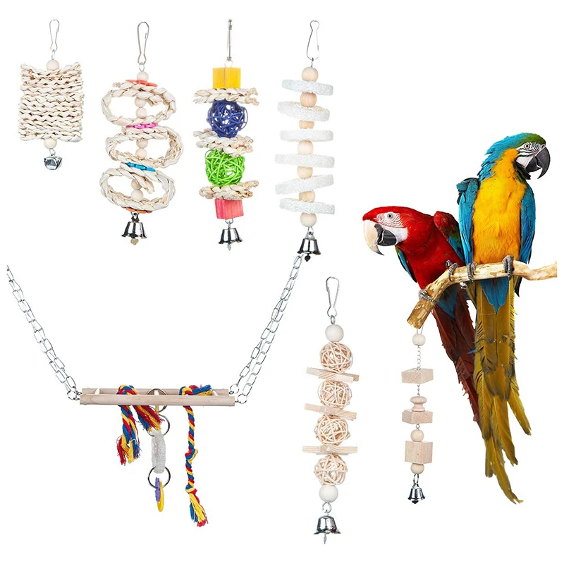 7 упаковок, жевательные игрушки для попугаев-натуральный деревянный подвесной Колокольчик для маленьких попугаев, попугаев
7 упаковок, жевательные игрушки для попугаев-натуральный деревянный подвесной Колокольчик для маленьких попугаев, попугаев