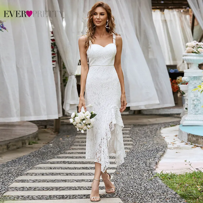 

White Lace Evening Dress With Split Ever Pretty Elegant A Line Sweetheart Asymmetrical Hem Midi Cocktail Wedding Party Dresses