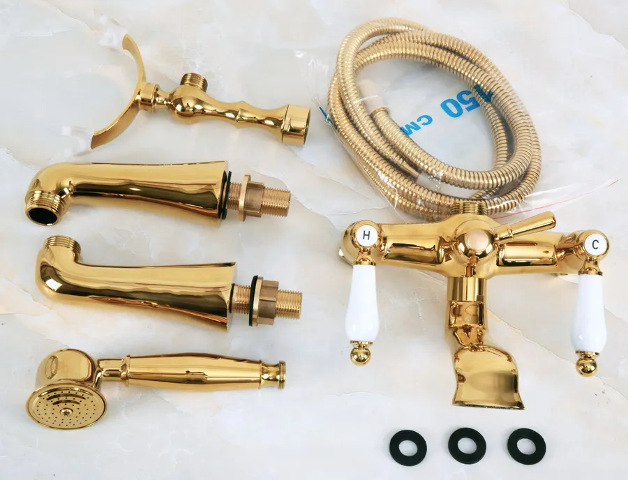 Polished Gold Color Brass Deck Mounted ClawFoot Bathroom Tub Faucet Dual Ceramic Handles Telephone Style Hand Shower Head ana141 
Polished Gold Color Brass Deck Mounted ClawFoot Bathroom Tub Faucet Dual Ceramic Handles Telephone Style Hand Shower Head ana141