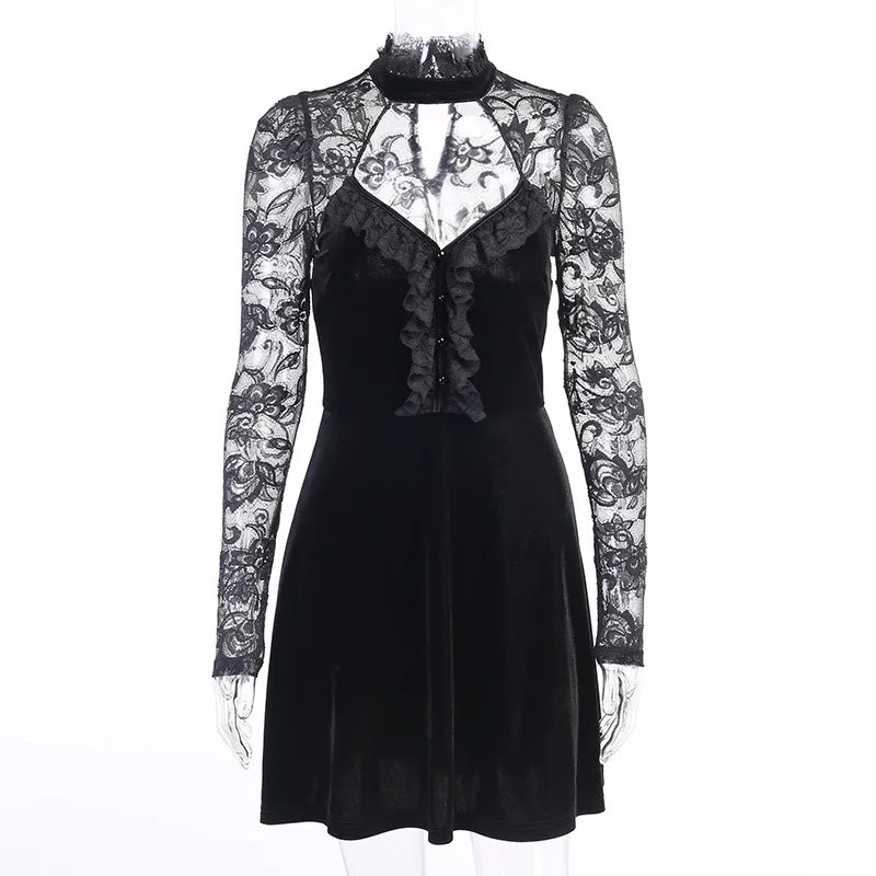 Vintage Sexy Hollow Out Black Dress Gothic Velvet High Waist Mini Dress Ladies Elegant Ruffle Party Night Autumn Dress
Vintage Sexy Hollow Out Black Dress Gothic Velvet High Waist Mini Dress Ladies Elegant Ruffle Party Night Autumn Dress