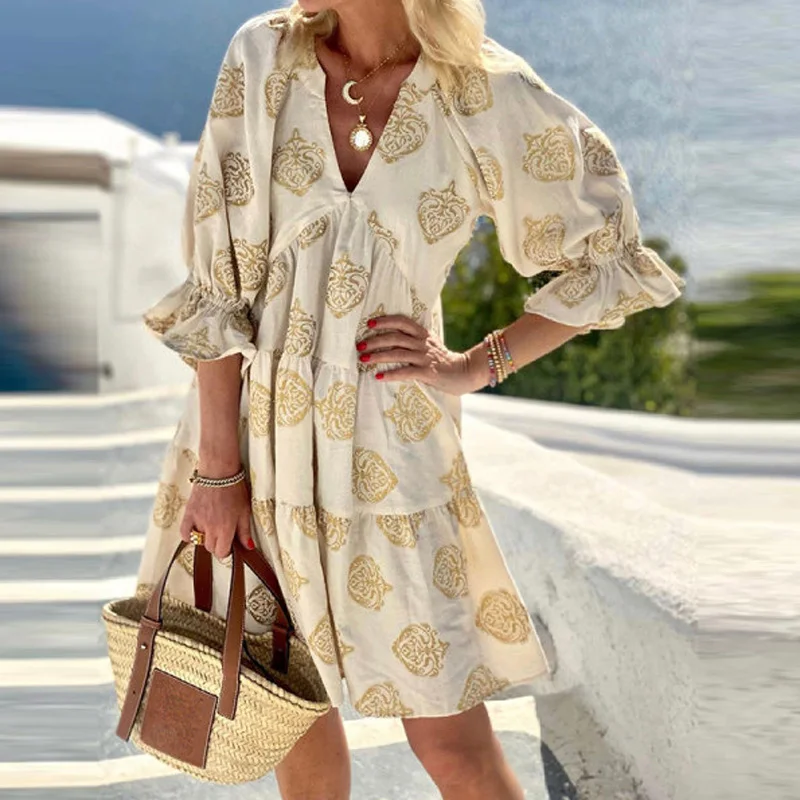 Vintage Print Pattern V Neck High Waist Dress Women Elegant Autumn Long Sleeve A-Line Party Dress Spring Loose Lady Mini Dresses 
Vintage Print Pattern V Neck High Waist Dress Women Elegant Autumn Long Sleeve A-Line Party Dress Spring Loose Lady Mini Dresses