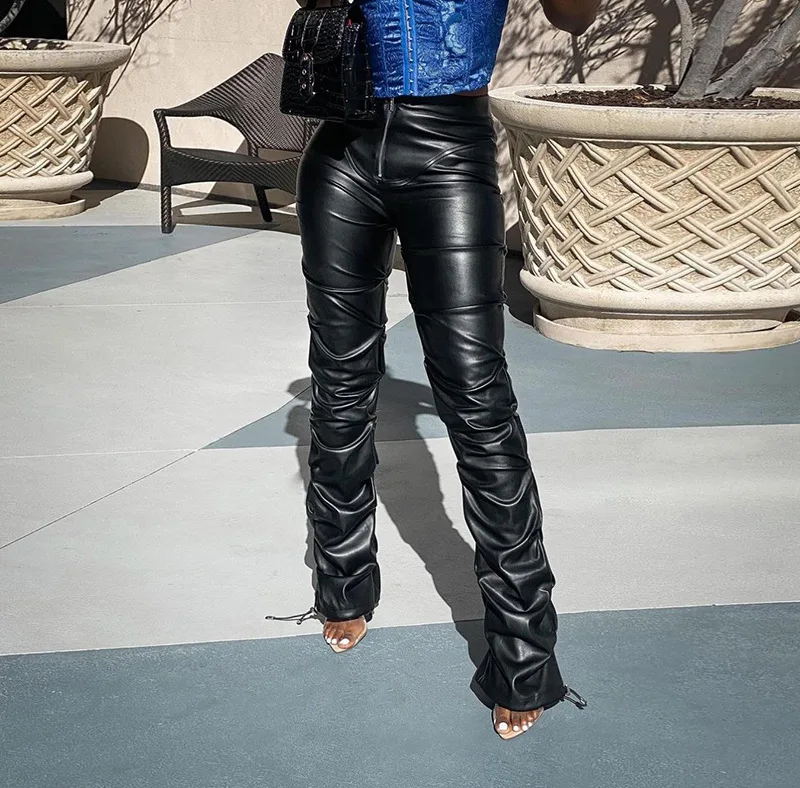 

Плиссированные черные штаны из искусственной кожи с высокой талией в складку для женщин, облегающие хипстерские уличные длинные брюки