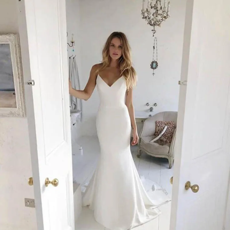 Cheap Simple White Satin Wedding Dress Mermaid Court Train Bohemian Wedding Dresses Spaghetti Strap Women Bridal Gowns 2020 Boho 
Cheap Simple White Satin Wedding Dress Mermaid Court Train Bohemian Wedding Dresses Spaghetti Strap Women Bridal Gowns 2020 Boho