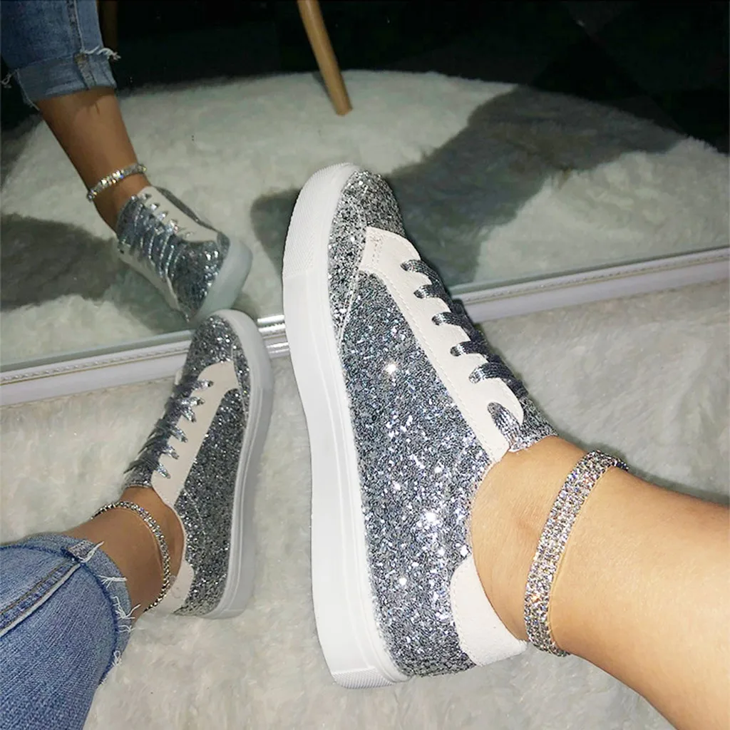 SAGACE Sequins Single Casual Shoes Women's Plus Size Foreign Trade Sequins Flat Bottom Lace-up Casual Shoes Sneakers