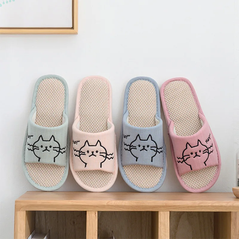 

Women Home Slippers Indoor Soft Shoes Cartton Cat Female Slipper Linen Sole Plush Winter Woman House Cute Fashion Comfortable