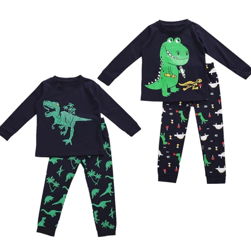

Infant Kids Boy Long Sleeve T-shirt + Trousers Dinosaur Print Thread Closing Classic Round Neck Spring Autumn Pajamas