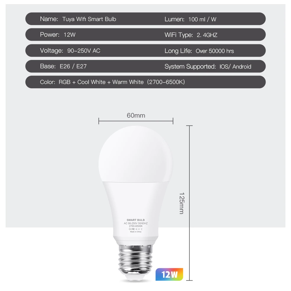 WiFi Smart Home LED Bulb RGB CW E27 LED Lamp Voice Control Color Changes Dimmable Work Smart Life
WiFi Smart Home LED Bulb RGB CW E27 LED Lamp Voice Control Color Changes Dimmable Work Smart Life