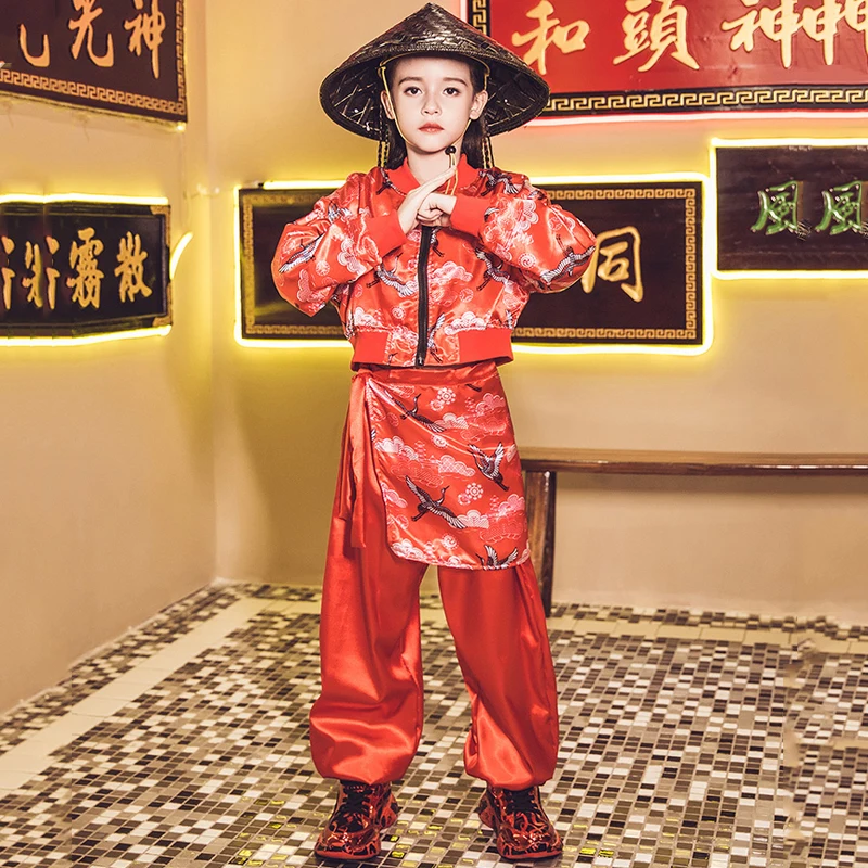 

New Jazz Dance Costume Girls Chinese Style Clothing Hip Hop Kids Group Street Wear School Performance Stage Costume Red Suit 664
