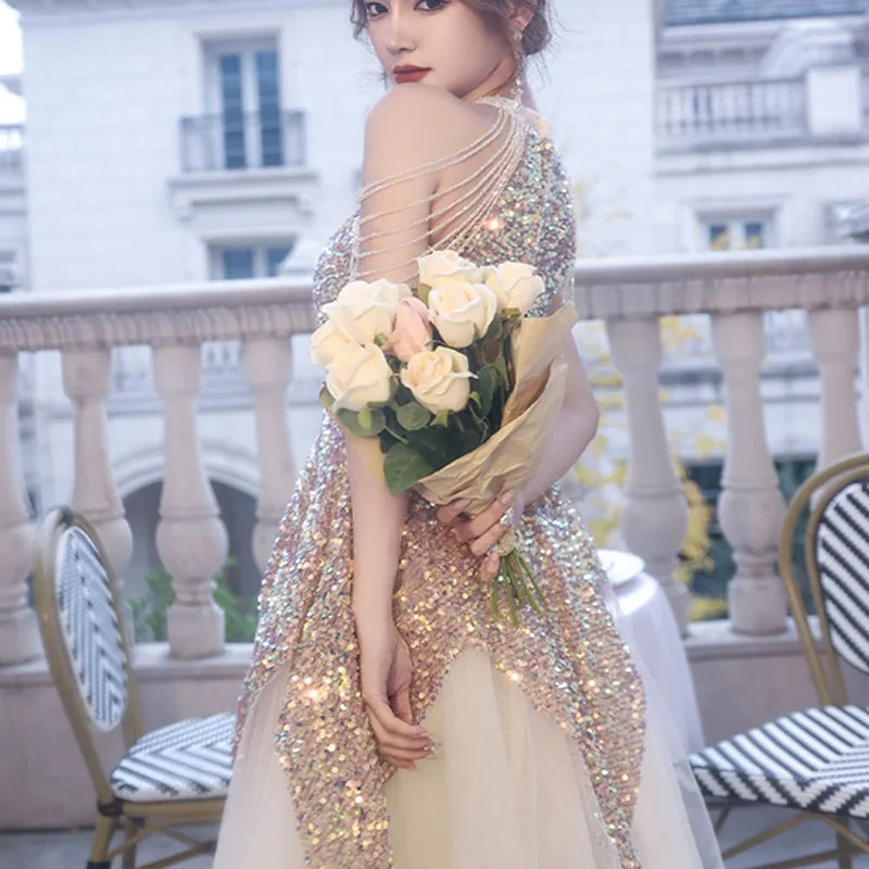 Western Dress Evening Dress Skirt Female 2021 New Golden Banquet Temperament Celebrity Fairy Host Dress 
Western Dress Evening Dress Skirt Female 2021 New Golden Banquet Temperament Celebrity Fairy Host Dress