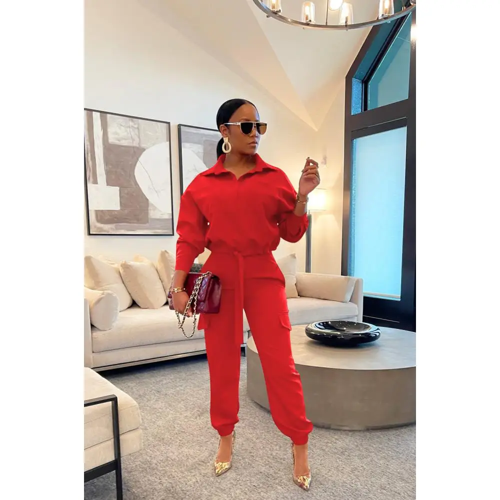 

Women's Red Cargo Pants Tracksuit 2pcs Outfit Turn Down Collar Long Sleeve Top Knot Hem and Pockets Straight Trouser Co Ord Sets