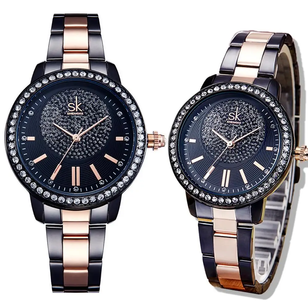 

2020 Newest Women Fashion Watch Stainless Steel Band Rhinestone Inlaid Analog Display Round Shape Waterproof Quartz Watch