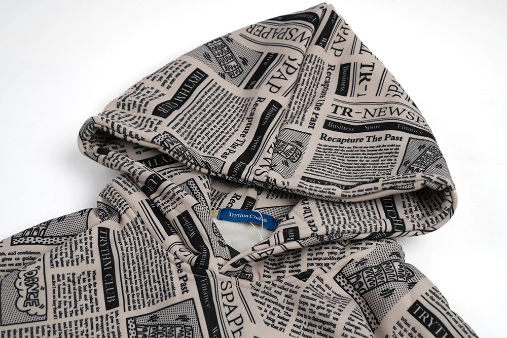 LINDSEY SEADER Newspaper Pattern Men's Hoodies Sweatshirt Winter Warm Fleece Cotton Harajuku Oversize Streetwear Clothing | Мужская