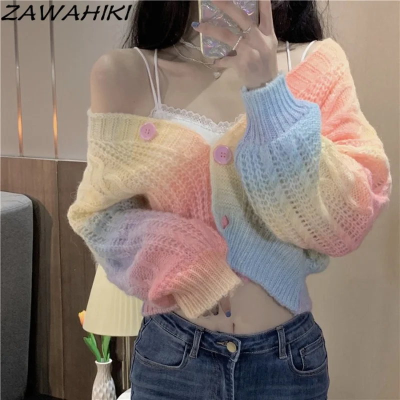 ZAWAHIKI Rainbow Tie Dye Sweater Clothes V Neck Autumn Winter Sweaters Casual Women's Short Cardigan Long Sleeve Knitted Tops
ZAWAHIKI Rainbow Tie Dye Sweater Clothes V Neck Autumn Winter Sweaters Casual Women's Short Cardigan Long Sleeve Knitted Tops