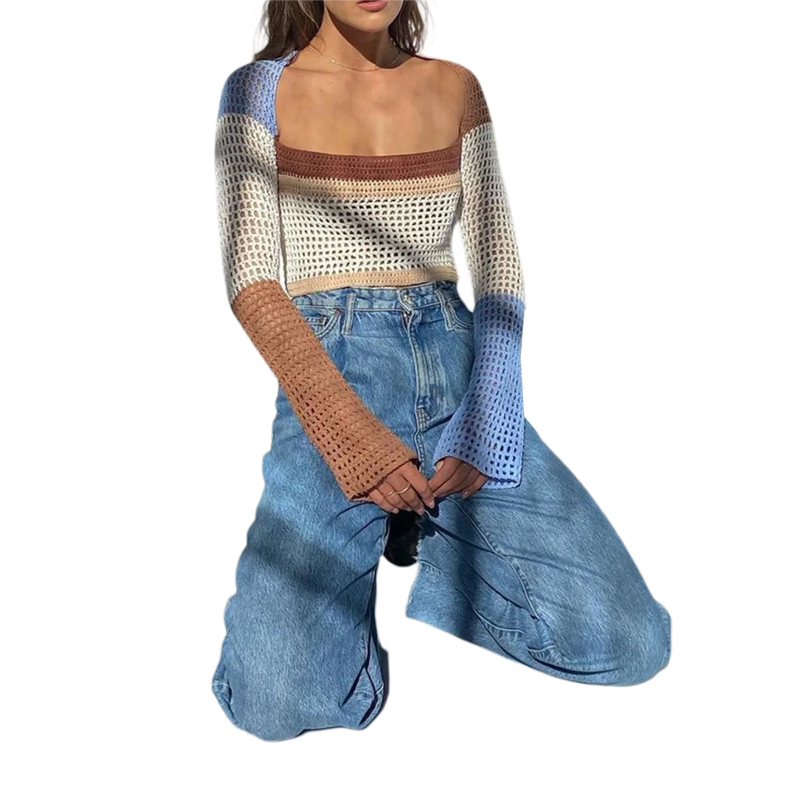 Women Hollow Out Knitwear, Variegated Color Square Collar Long Sleeve Crop Tops Female Vest, Royal Blue/ Coffee
Women Hollow Out Knitwear, Variegated Color Square Collar Long Sleeve Crop Tops Female Vest, Royal Blue/ Coffee