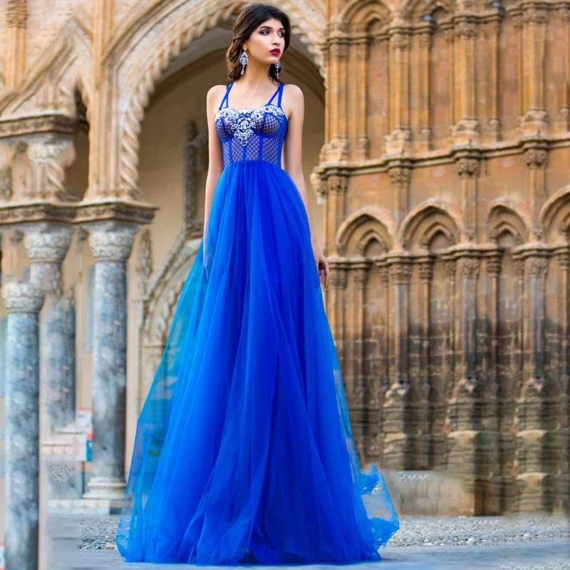 

2022 New Arrival Sweetheart Appliques Beads See Through Royal Blue A-Line Tulle Prom Dress Evening Gown vestido formatura longo