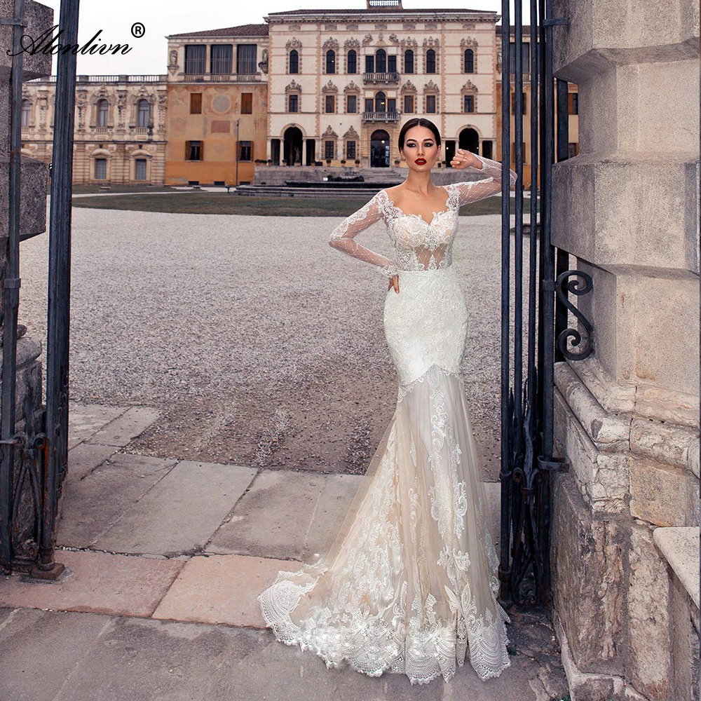 Alonlivn Charming Lace 2020 New Arrival Beaded Pearls Mermaid Wedding Dress Illusion With Button O-Neck Grid Yarn Bridal Gowns
Alonlivn Charming Lace 2020 New Arrival Beaded Pearls Mermaid Wedding Dress Illusion With Button O-Neck Grid Yarn Bridal Gowns