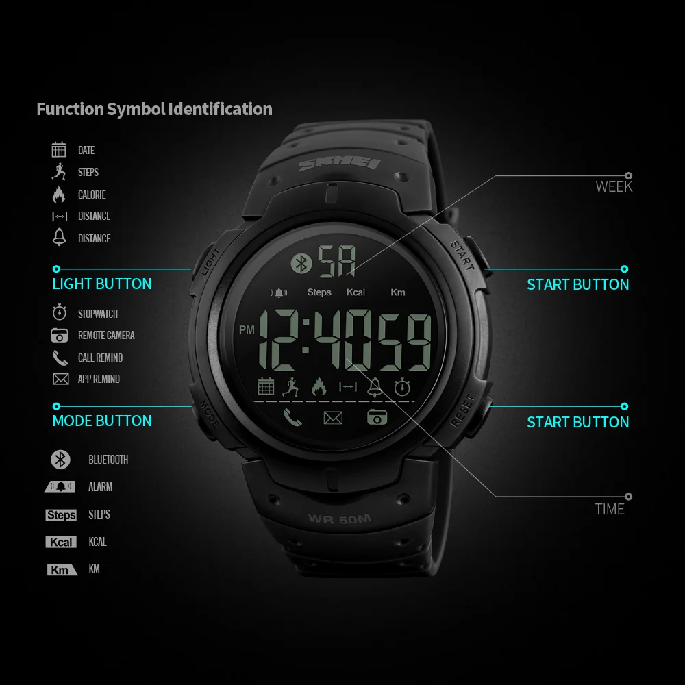 

SKMEI Men Watch Smart Sport Watch Pedometer Calories Digital Reminder Clock Fitness Bluetooth For IOS Android Wristwatches 1301