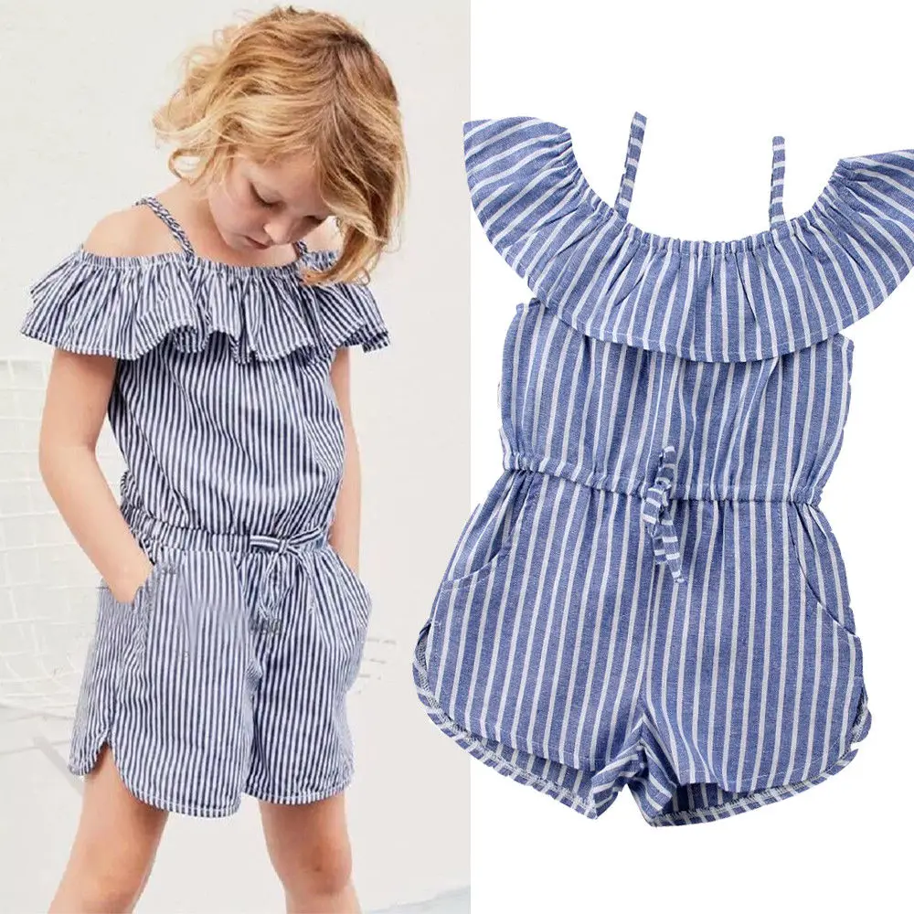 1-6 Years Toddler Kids Summer Jumpsuits Baby Girls Blue Stripe Off Shoulder ruffle Playsuit
1-6 Years Toddler Kids Summer Jumpsuits Baby Girls Blue Stripe Off Shoulder ruffle Playsuit